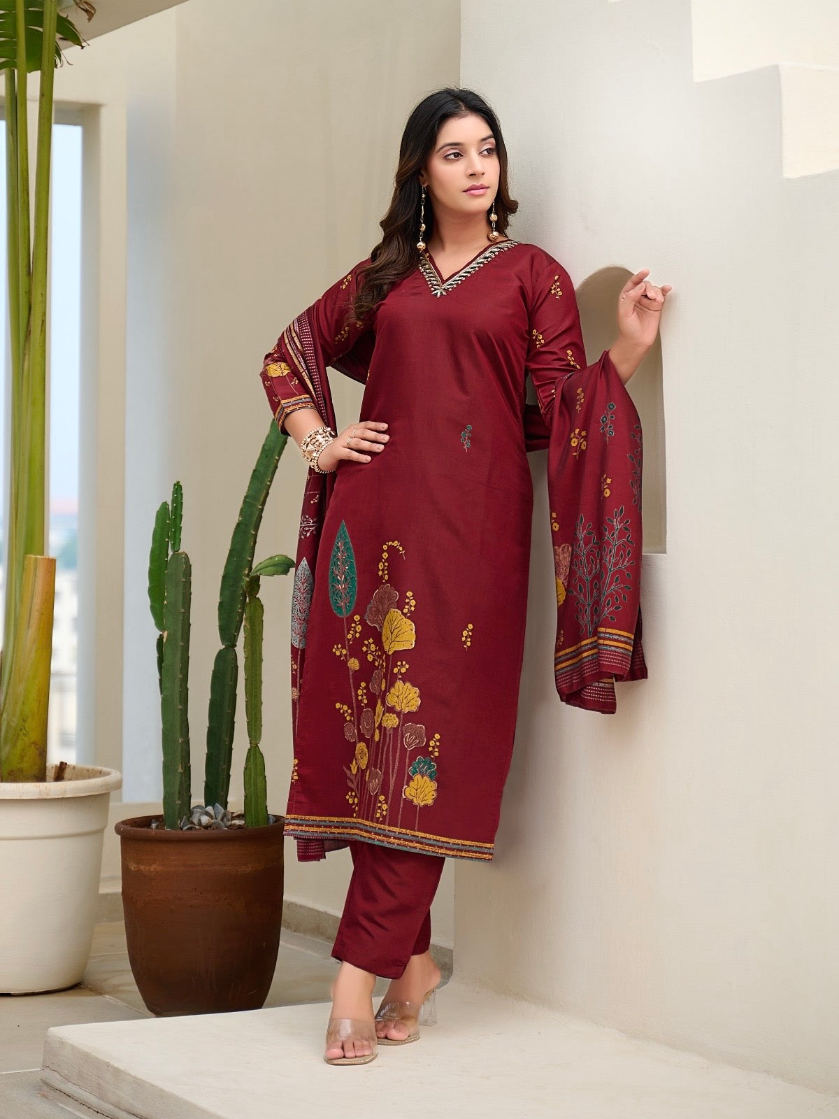 Modal Discharge Print Three-Piece Suit Set with Handwork – Sizes XL and XXL
