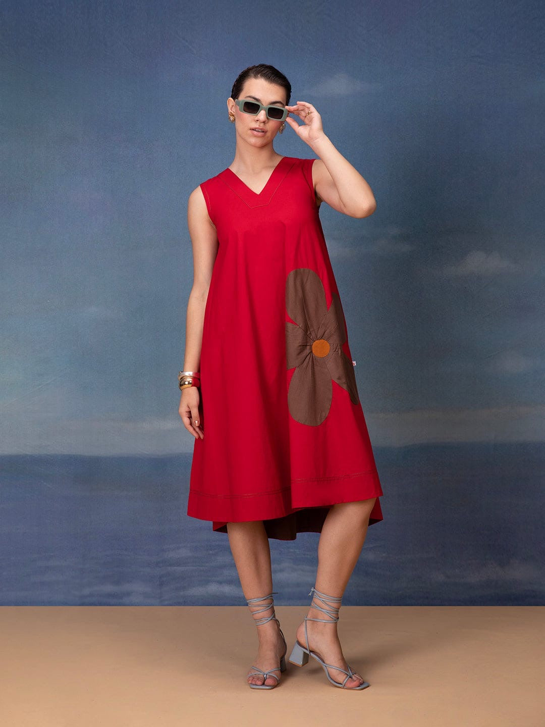 Poplin Cotton Sleeveless Midi Dress with Applique Detailing – Women’s Summer Casual Wear (M to XXL)