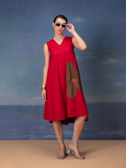 Poplin Cotton Sleeveless Midi Dress with Applique Detailing – Women’s Summer Casual Wear (M to XXL)