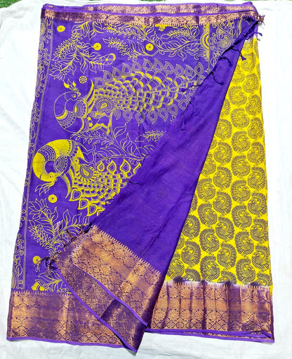 Chennuri Pure Silk Saree with Outline Kalamkari Design and Traditional Kanchi Borders