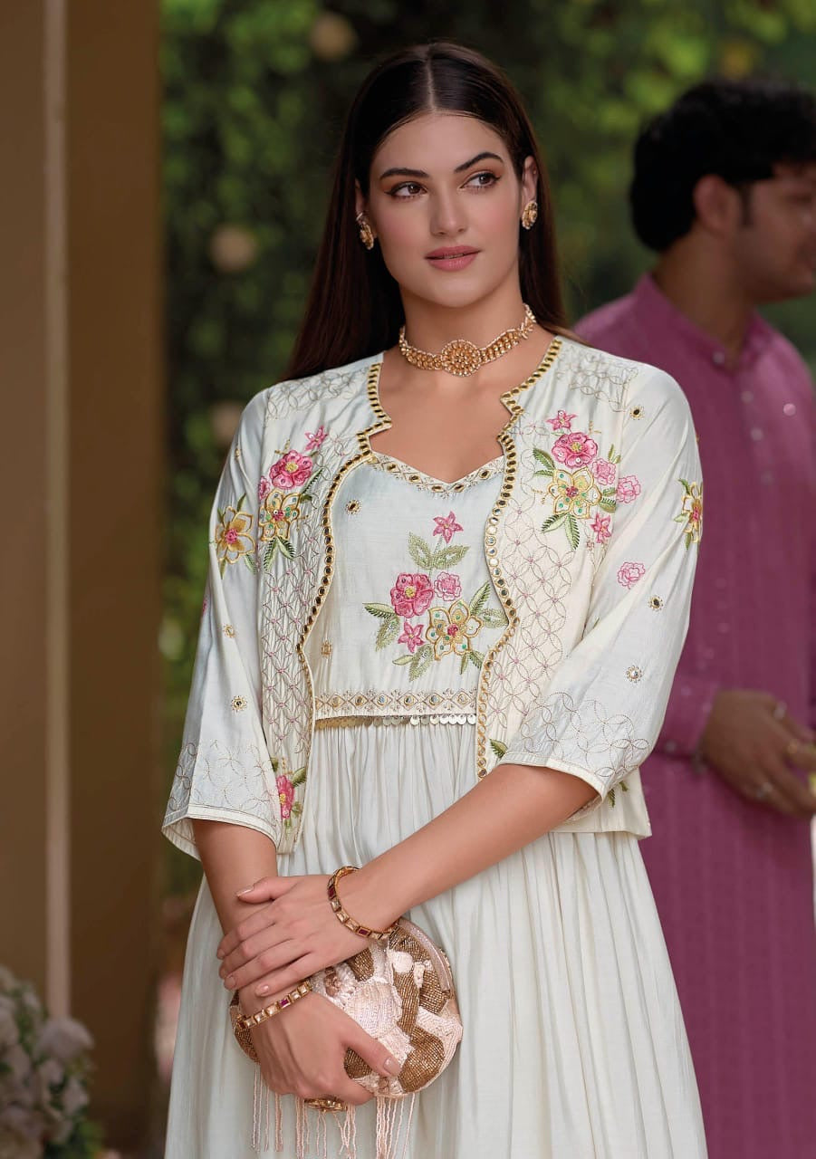 Pure Viscose Silk Gown Pant Set with Embroidered Organza Koti – Women’s Festive Ethnic Wear