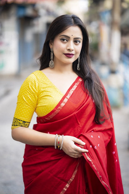 Chanderi Cotton Saree with Hand-Tied Bandhani and Block Printed Pallu – Festive Wear for Women