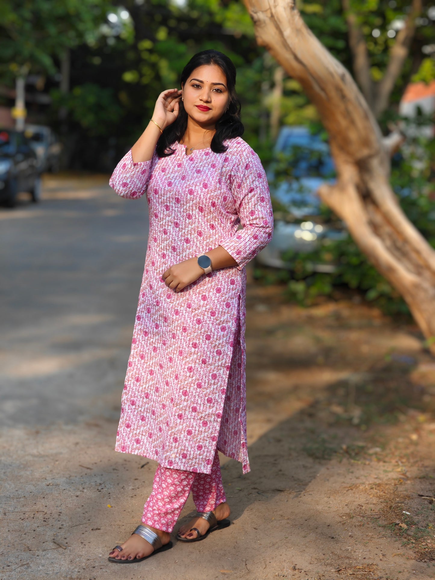 Pink Dobby Dot Printed Kurti with Pant Set for Women – Cotton Blend, Daily Wear, S to XXL