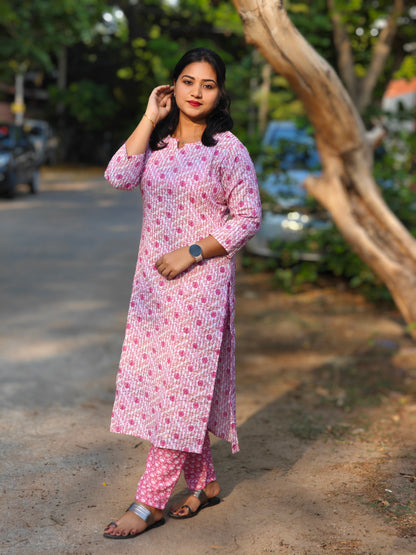 Pink Dobby Dot Printed Kurti with Pant Set for Women – Cotton Blend, Daily Wear, S to XXL