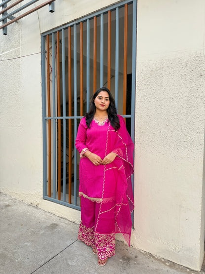 Magenta Pink Real Silk Embroidered Kurta Sharara Dupatta Set for Women – Festive and Wedding Wear Designer Outfit (XL)
