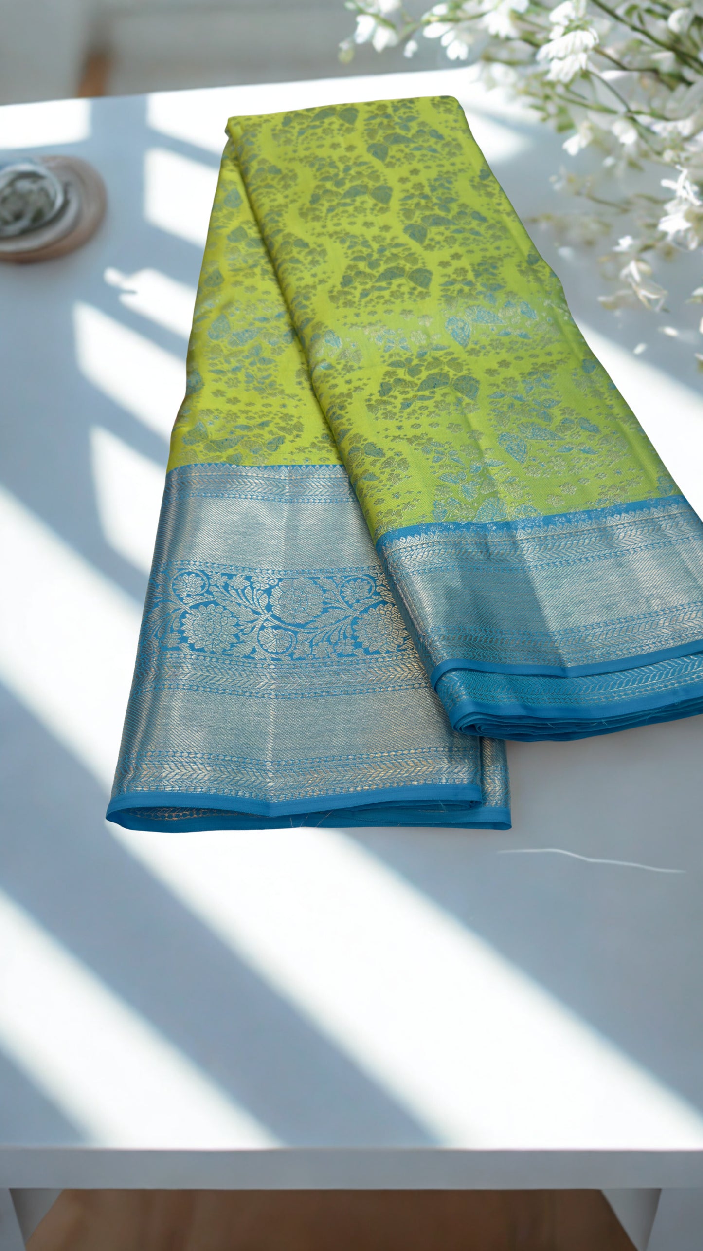 Handloom Kanchi Silk Saree with Silver Zari Double Warp in Green for Women
