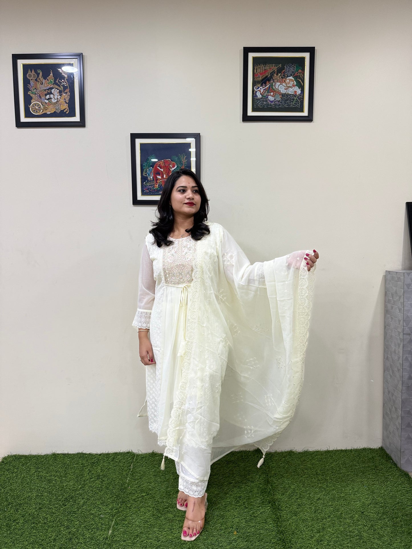 Women’s Georgette Embroidered Suit Set with Mirror Work Neck and Lace Border Pant – L to 3XL