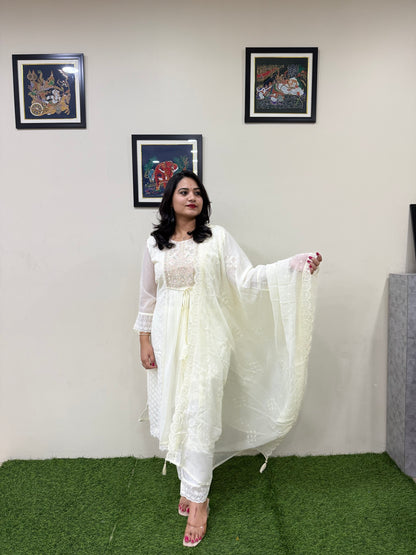 Women’s Georgette Embroidered Suit Set with Mirror Work Neck and Lace Border Pant – L to 3XL