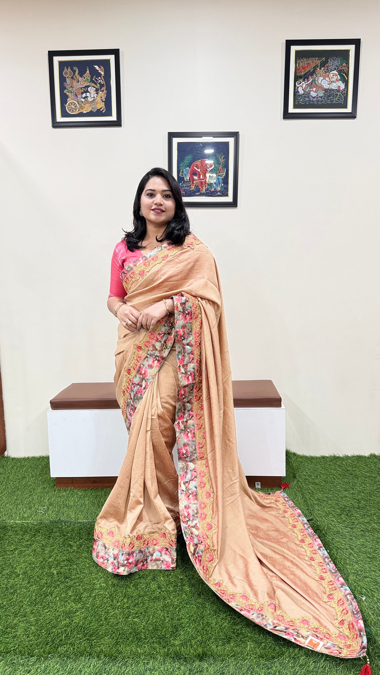 Designer Silk Saree with Embroidery Lace Work, Patchwork and Art Silk Blouse