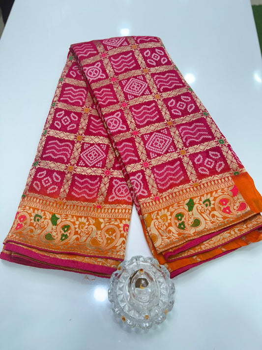 Pure Khaddi Georgette Banarasi Ghatchola Saree with Zari Weaving and Blouse Piece