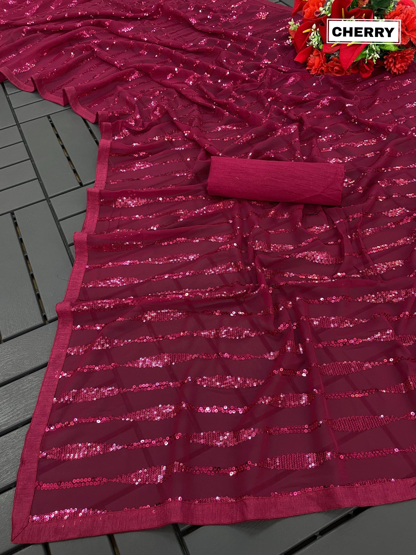 Heavy Georgette Sequins Saree with Dual Sequins Embroidery and Banglori Silk Blouse – Festive Wear