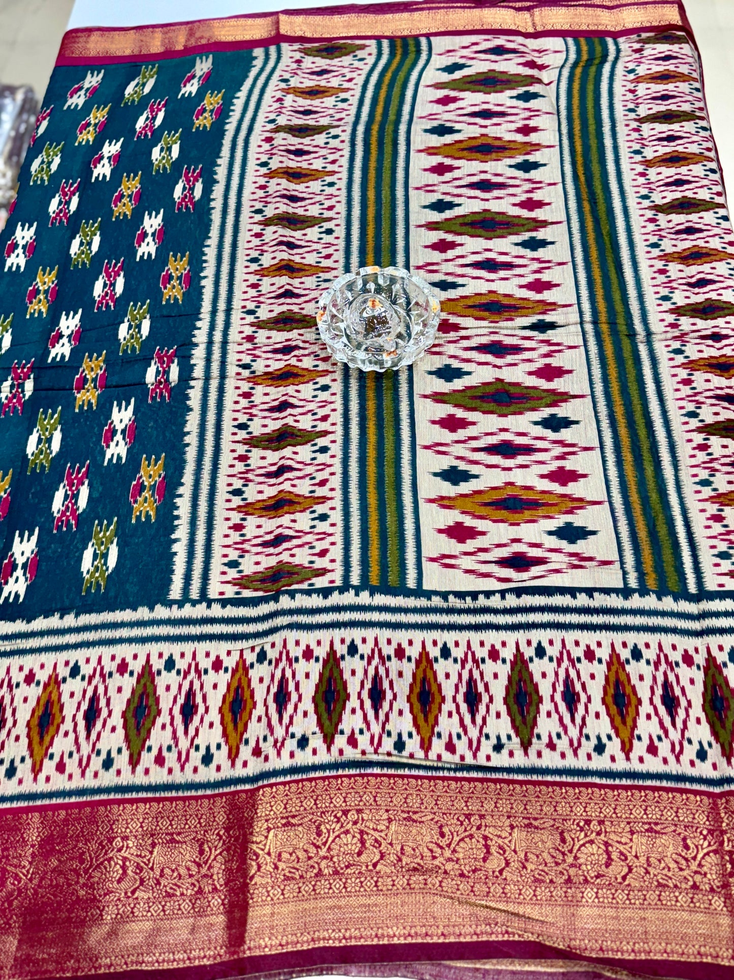 Semi Maheshwari Silk Saree with Zari Border & Ikat Style Weaving for Women