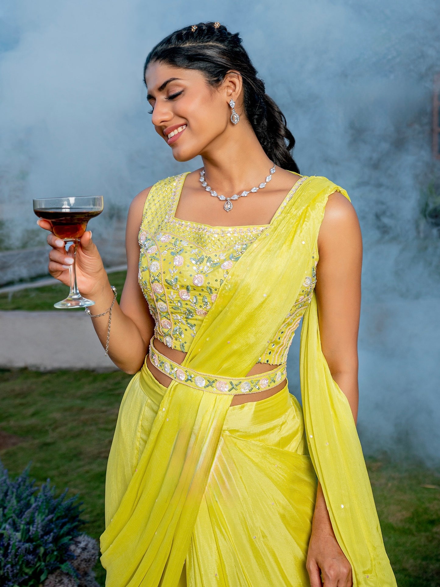 Chinon Chiffon Drape Sharara Set with Handwork Choli and Embellished Belt – M to 2XL Sizes