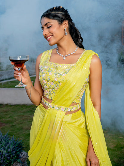 Chinon Chiffon Drape Sharara Set with Handwork Choli and Embellished Belt – M to 2XL Sizes