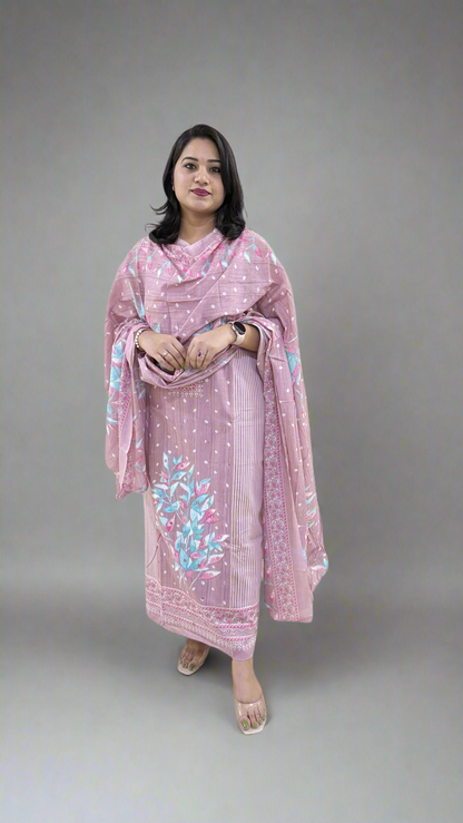 Unstitched Pure Cotton Suit Material with Handwork, Printed Salwar and Mal Mal Cotton Dupatta