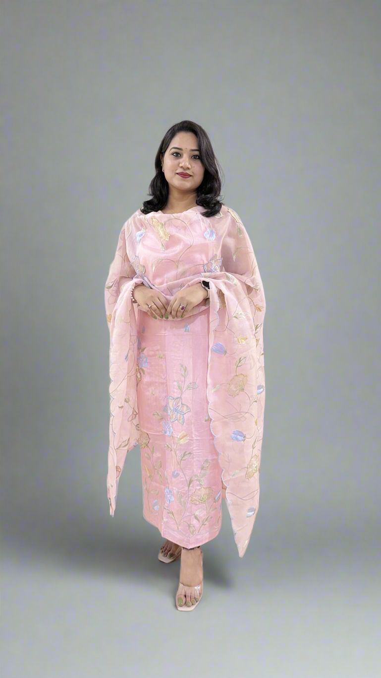 Unstitched Bamber Silk Suit with Resham Embroidery, 3D Patch Appliqué and Organza Dupatta