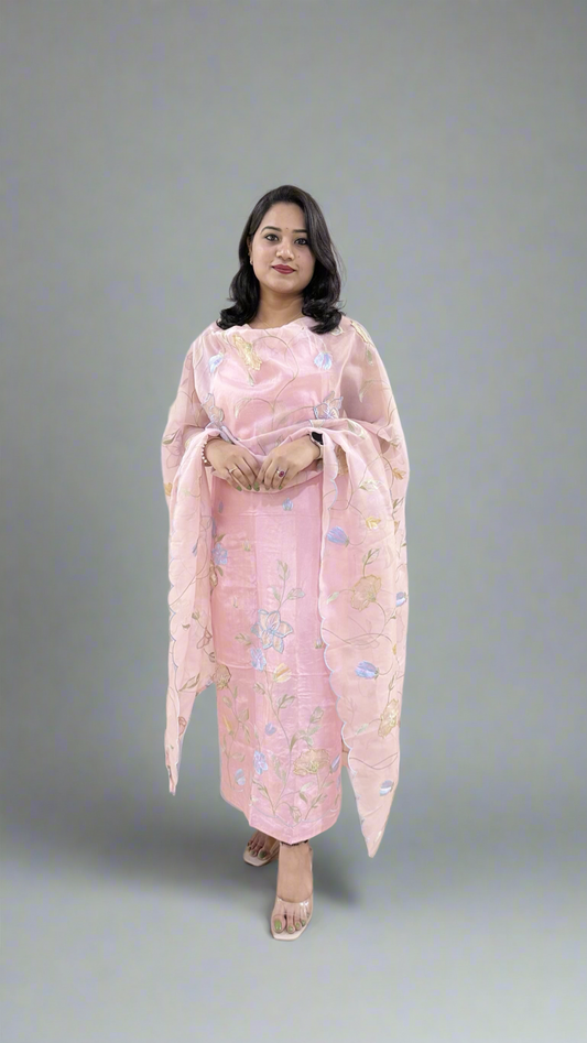 Unstitched Bamber Silk Suit with Resham Embroidery, 3D Patch Appliqué and Organza Dupatta