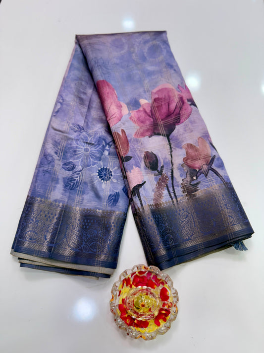 Bamboo Silk Saree with Chex Texture and Rich Pallu – Digital Floral Print Saree for Women