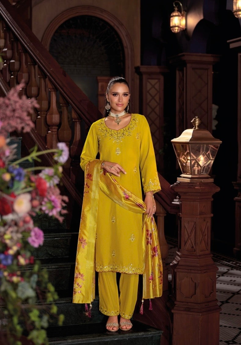 Viscose Silk Embroidered Kurta Plazzo Dupatta Set with Mirror Work and Printed Dupatta – XL & XXL