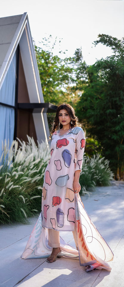 Pure Linen Kurti Pant Set with Handwork and Digital Print Dupatta for Women