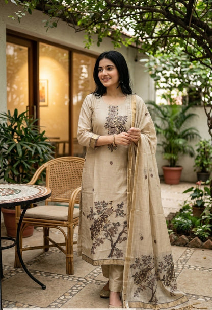Jamdani Cotton Kurta Pant Dupatta Set for Women with Lining, Beige Ethnic 3 Piece Set