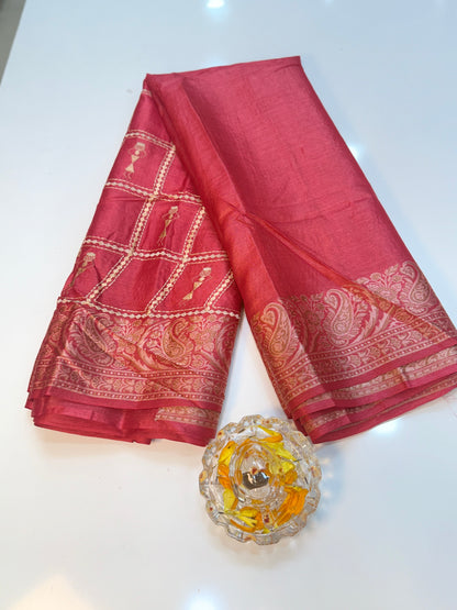 Pure Tussar Silk Jamdani Saree with Multicolor Zari Buta and Rich Pallu – Silk Mark Certified