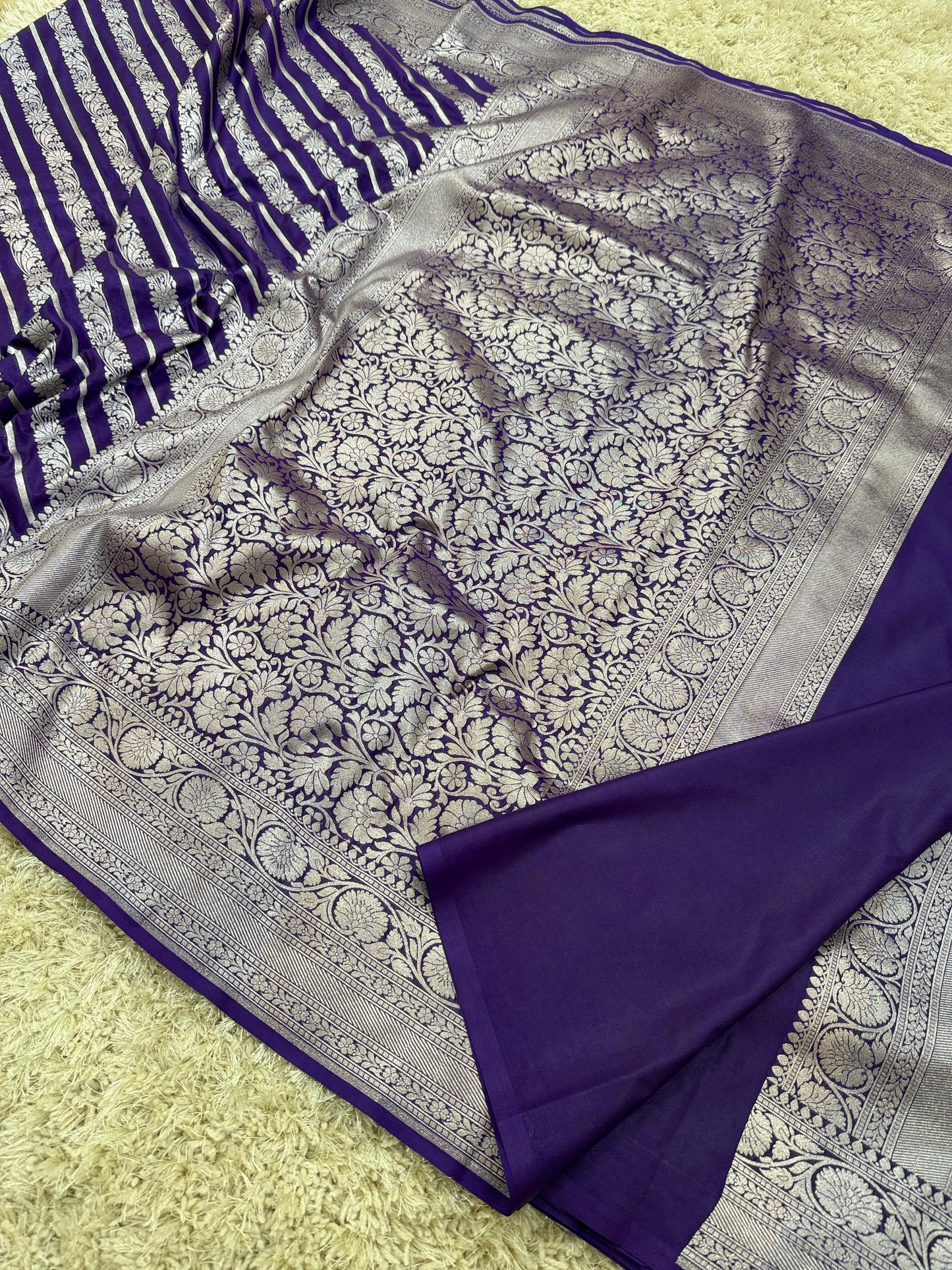 Handloom Banarasi Mashru Katan Silk Saree with Aada Weave and Border Blouse