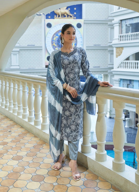 Bamboo Fabric Dobby Foil Print Straight Cut Kurta Pant Dupatta Set with Embroidery – Sizes XL to 3XL