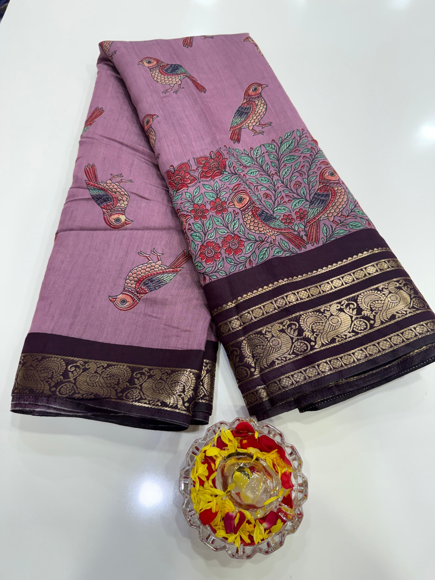 Venkatagiri style silk-blend printed saree with bird motifs and zari-style border, 6.3m women’s festive saree