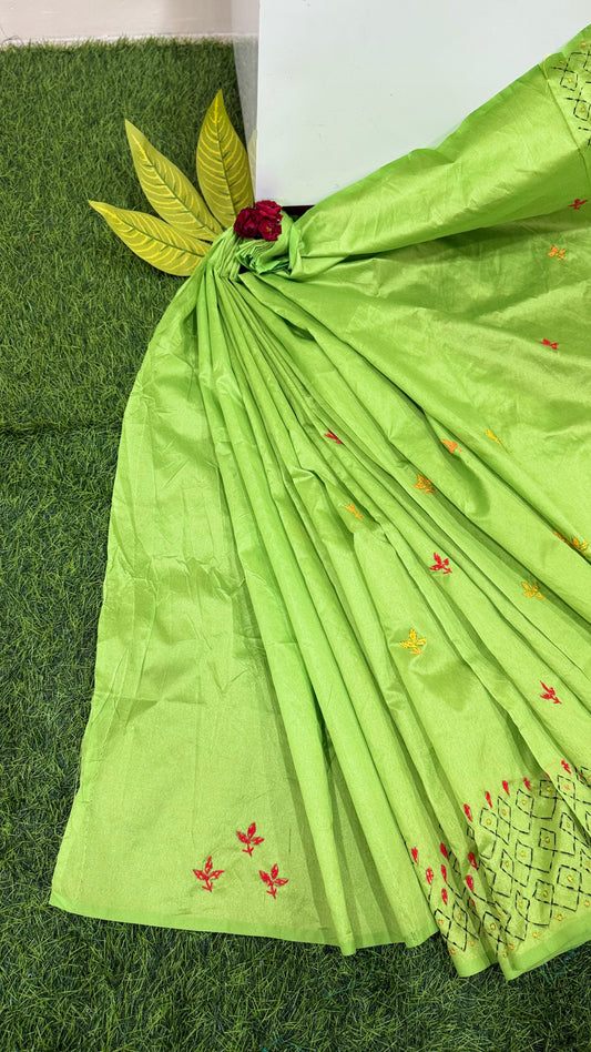 Assam Silk Saree with Kantha Stitch Hand Embroidery and Matching Blouse – Women’s Ethnic Wear