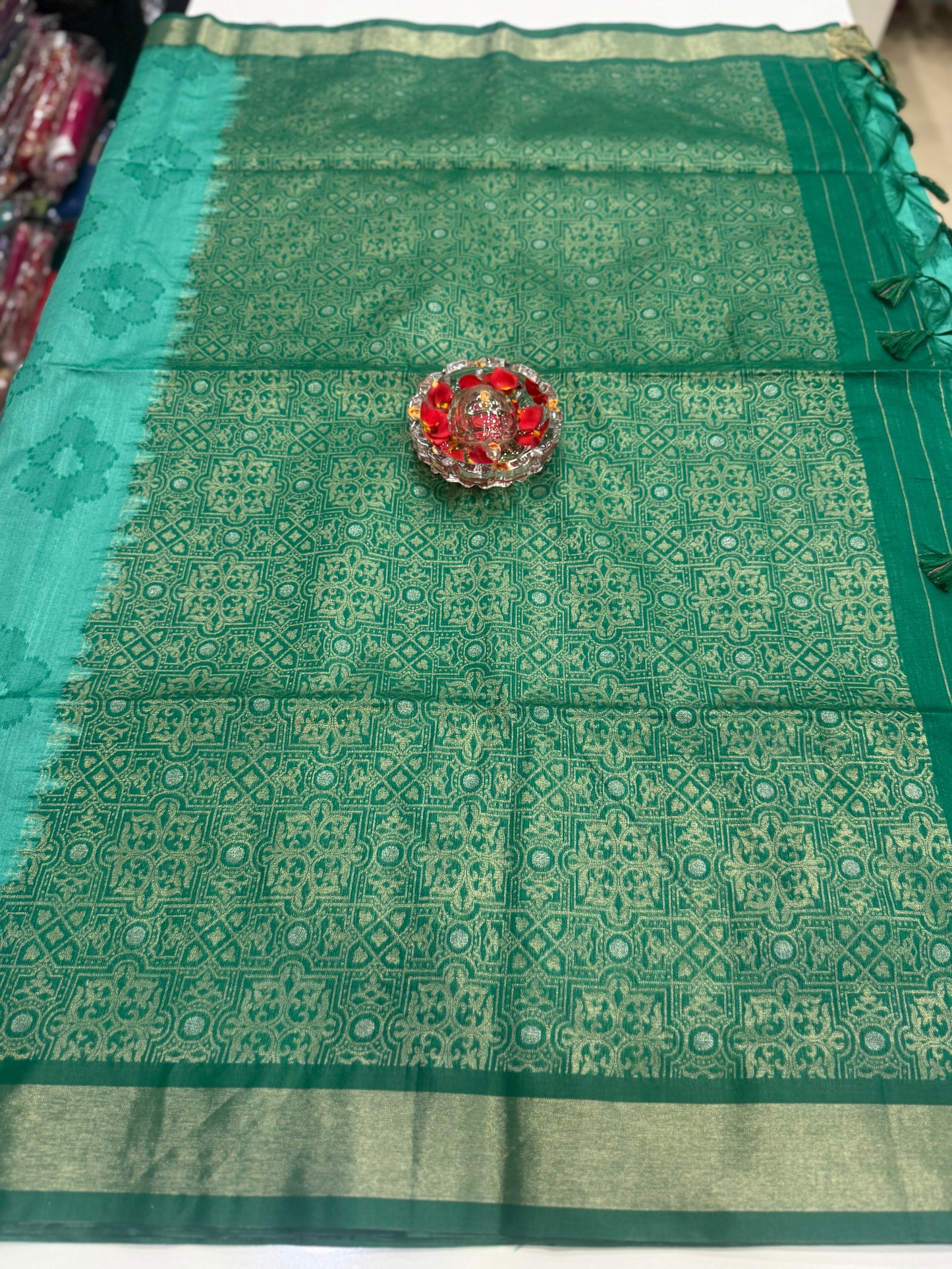Women’s woven saree with butta motifs, contrast pallu border and tassel pallu, traditional wear, multiple colors