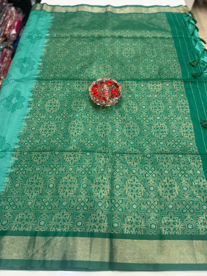 Women’s woven saree with butta motifs, contrast pallu border and tassel pallu, traditional wear, multiple colors