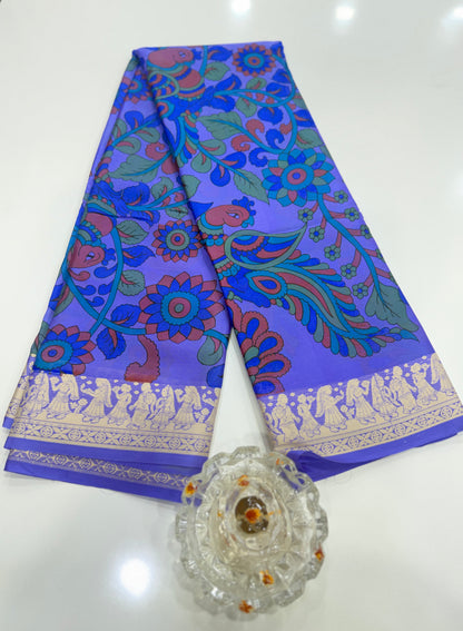 Pure Crepe Mysore Silk Saree for Women – Kalamkari Print with Kathan Border, 75 Gram, Silk Mark Certified