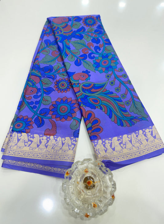 Pure Crepe Mysore Silk Saree for Women – Kalamkari Print with Kathan Border, 75 Gram, Silk Mark Certified