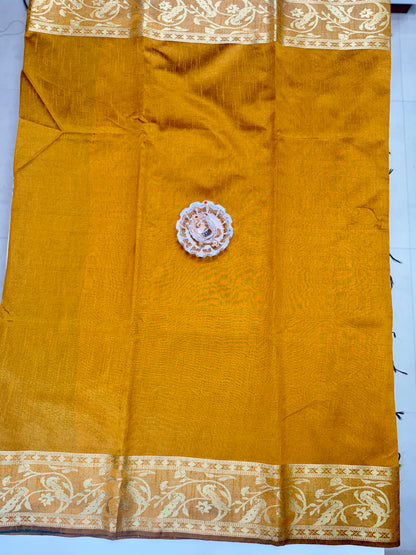 Semi Raw Silk Saree with Zari Hand Border, Heavy Jamdani Pallu and Contrast Blouse