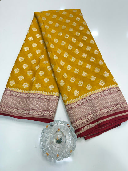 Pure Handwoven Kaddi Georgette Saree with Water Zari Jaal Weaving – Silk Mark Certified