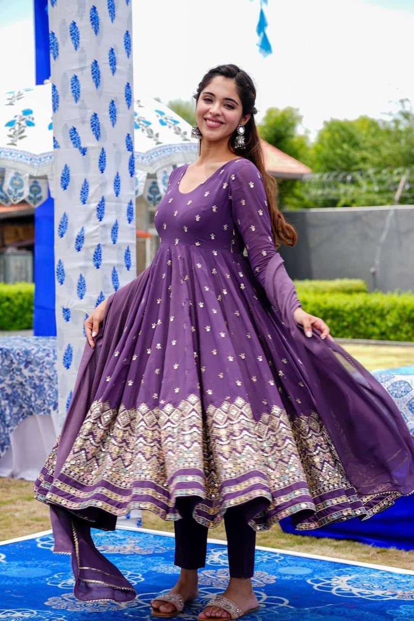 Purple Faux Georgette Embroidered Suit Set for Women with Lining – Sizes 42 and 44 Available