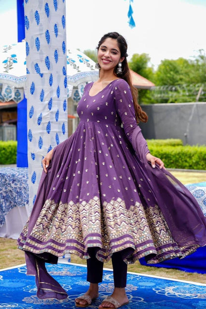 Purple Faux Georgette Embroidered Suit Set for Women with Lining – Sizes 42 and 44 Available