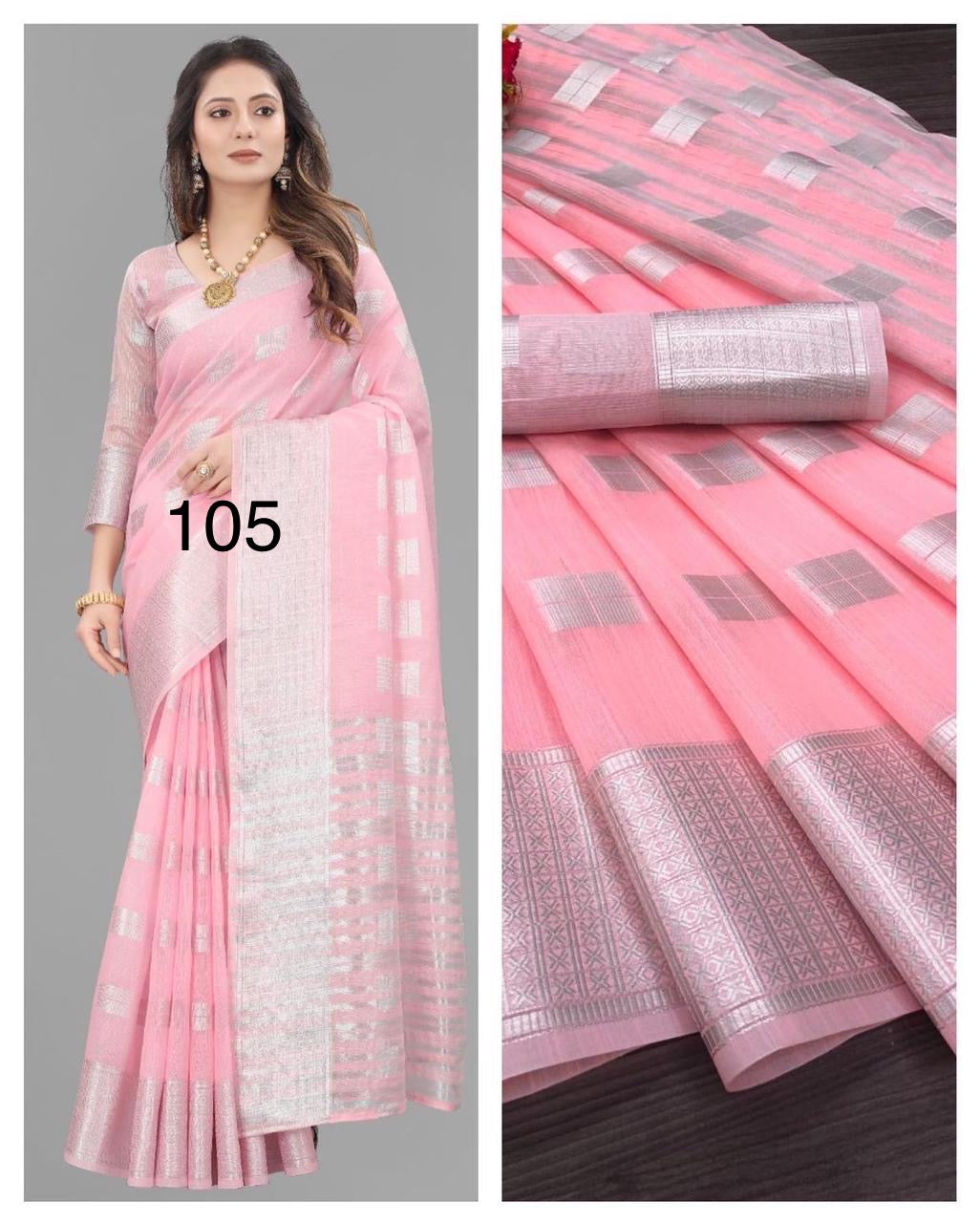 Linen Silk Saree with Silver Zari Weaving and Contrast Blouse – Festive and Wedding Wear