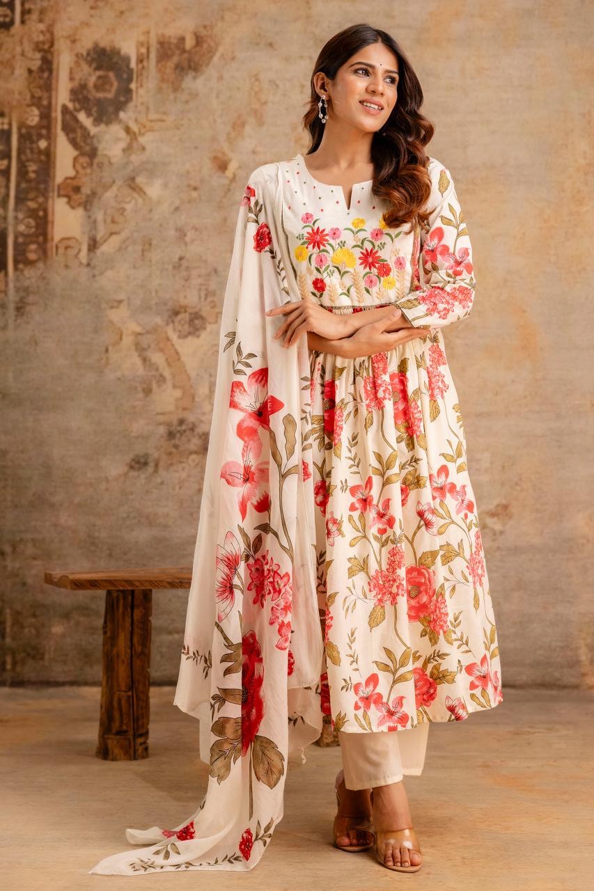 Women’s premium cotton kurta pant dupatta set with yoke embroidery – sizes 38 to 46