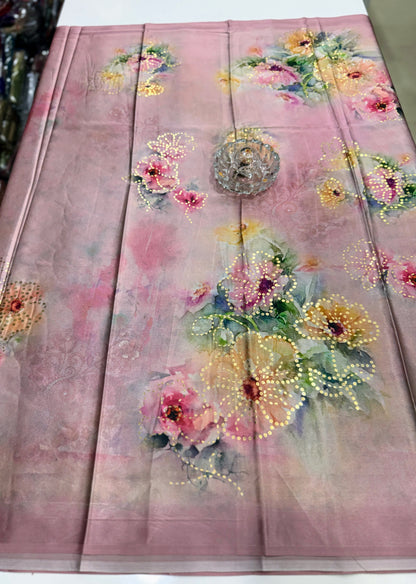 Japan satin saree for women with position print pallu and blouse, soft satin printed saree for festive and casual wear