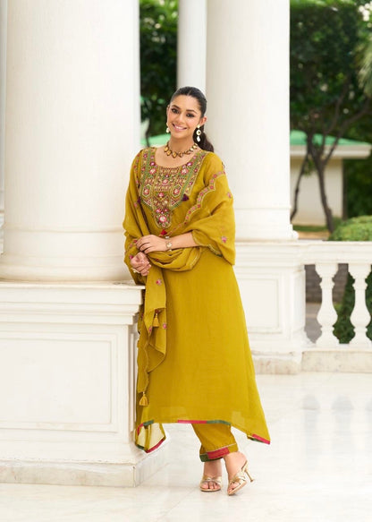 Organza Crush 3-Piece Suit Set with Embroidery, Handwork and Muslin Inner for Women