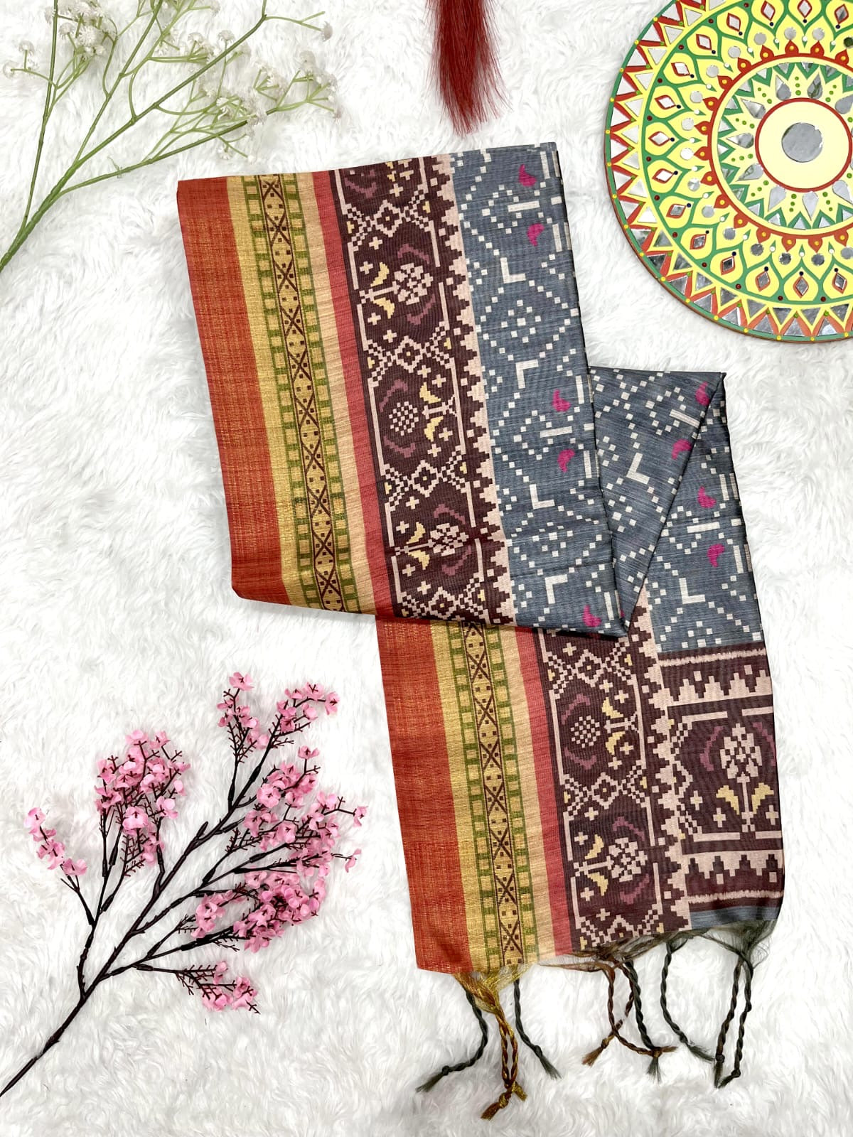 Soft Raw Silk Ikat Print Saree with Tassel Border and Contrast Blouse Piece