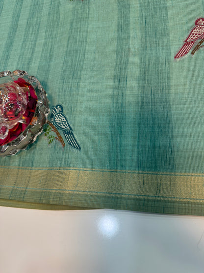 Ghicha cotton saree with bird motif pallu and tassel border, printed cotton saree for women