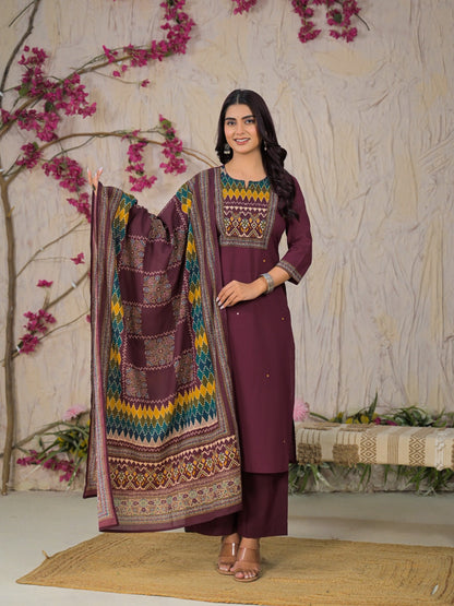Cotton printed suit set for women with geometric yoke print, matching pant and dupatta