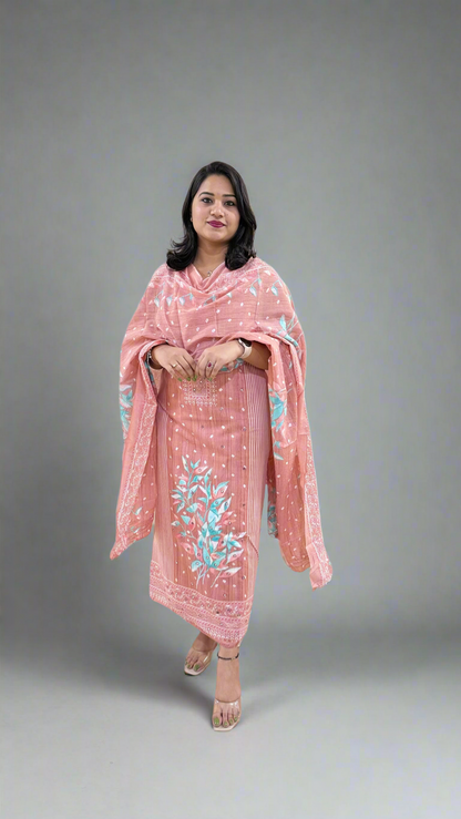 Unstitched Pure Cotton Suit Material with Handwork, Printed Salwar and Mal Mal Cotton Dupatta