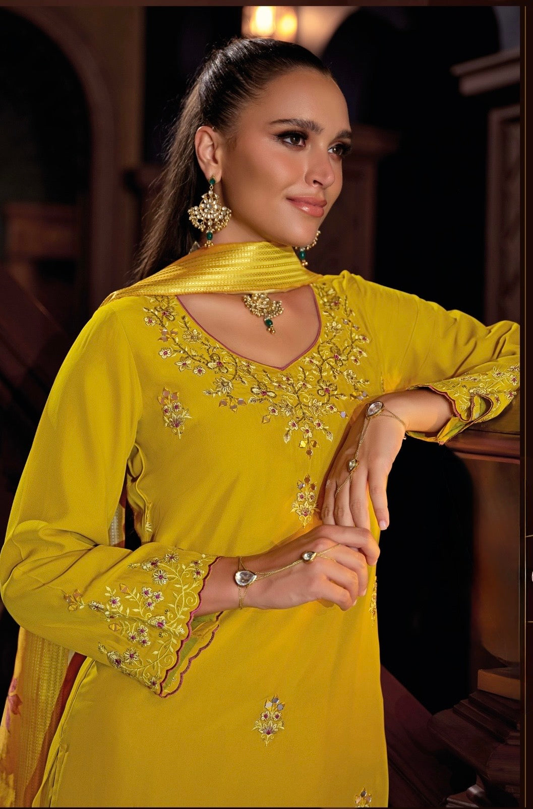 Viscose Silk Embroidered Kurta Plazzo Dupatta Set with Mirror Work and Printed Dupatta – XL & XXL