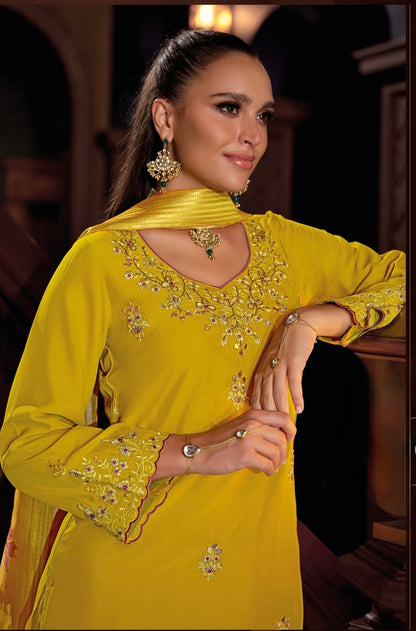 Viscose Silk Embroidered Kurta Plazzo Dupatta Set with Mirror Work and Printed Dupatta – XL & XXL