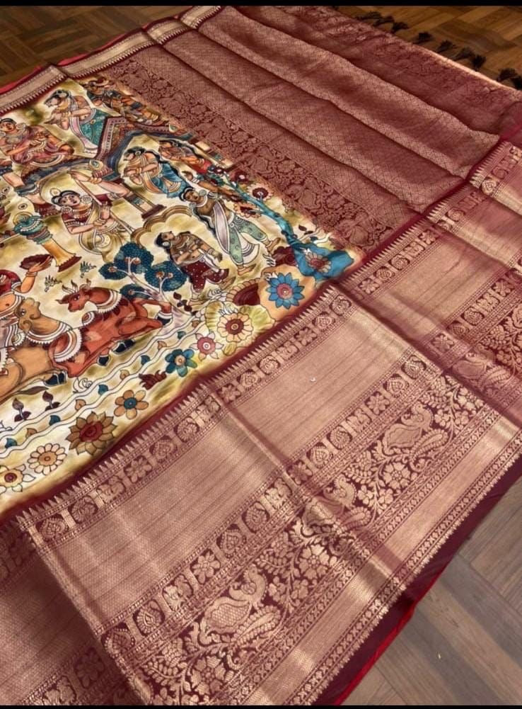 Banarasi Soft Silk Saree with Kalamkari Block Print and Zari Weaving – Party Wear for Women