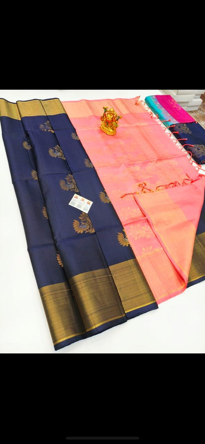 Pure Soft Silk Handloom Saree for Women – Double Warp, Borderless Design with Gold Zari and Contrast Blouse